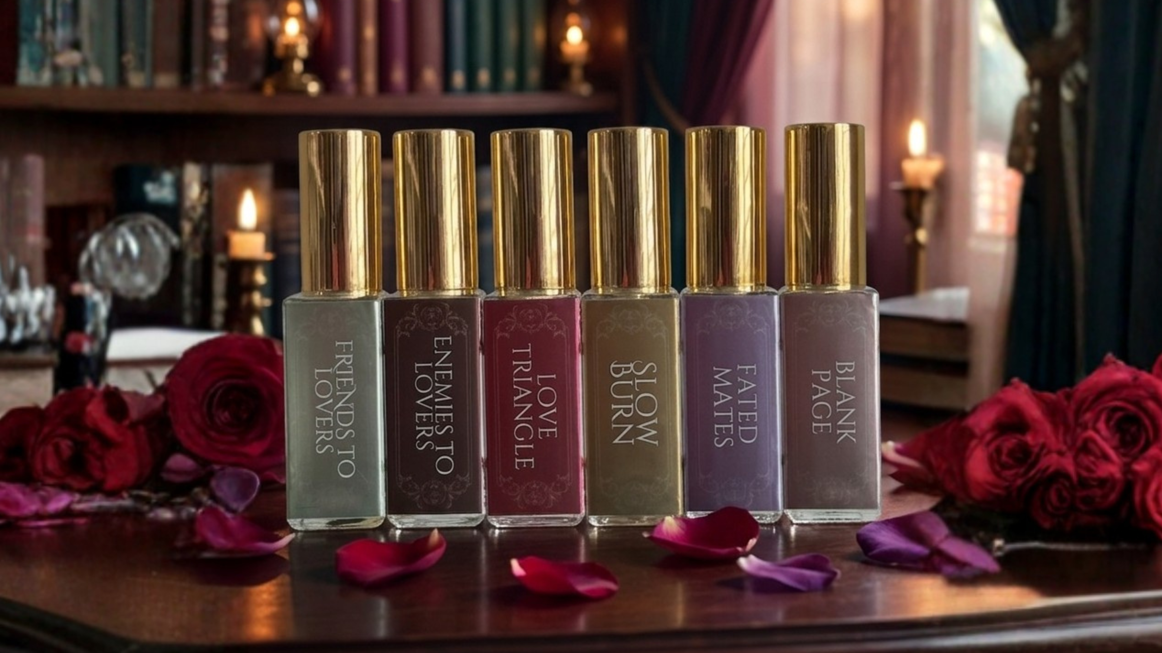Six body oil bottles with gold caps displayed in a row on a dark mahogany desk surrounded by red roses and rose petals, with a candlelit library background — Maison of Stories first editions collection including Friends to Lovers, Enemies to Lovers, Love Triangle, Slow Burn, Fated Mates, and Blank Page.